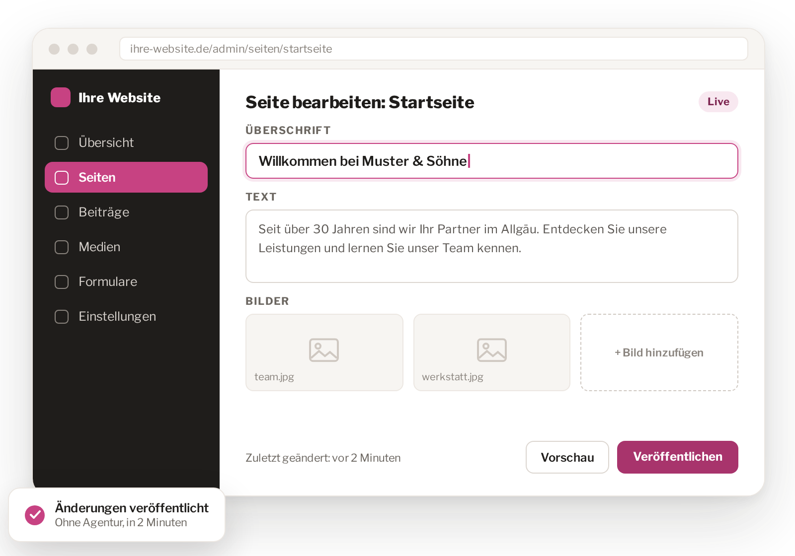 Bearbeitungsansicht eines CMS: Seite ändern und veröffentlichen ohne Programmierkenntnisse“